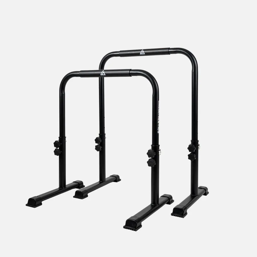 Caliathletics adjustable steel dip station - telescopic height with locking knobs