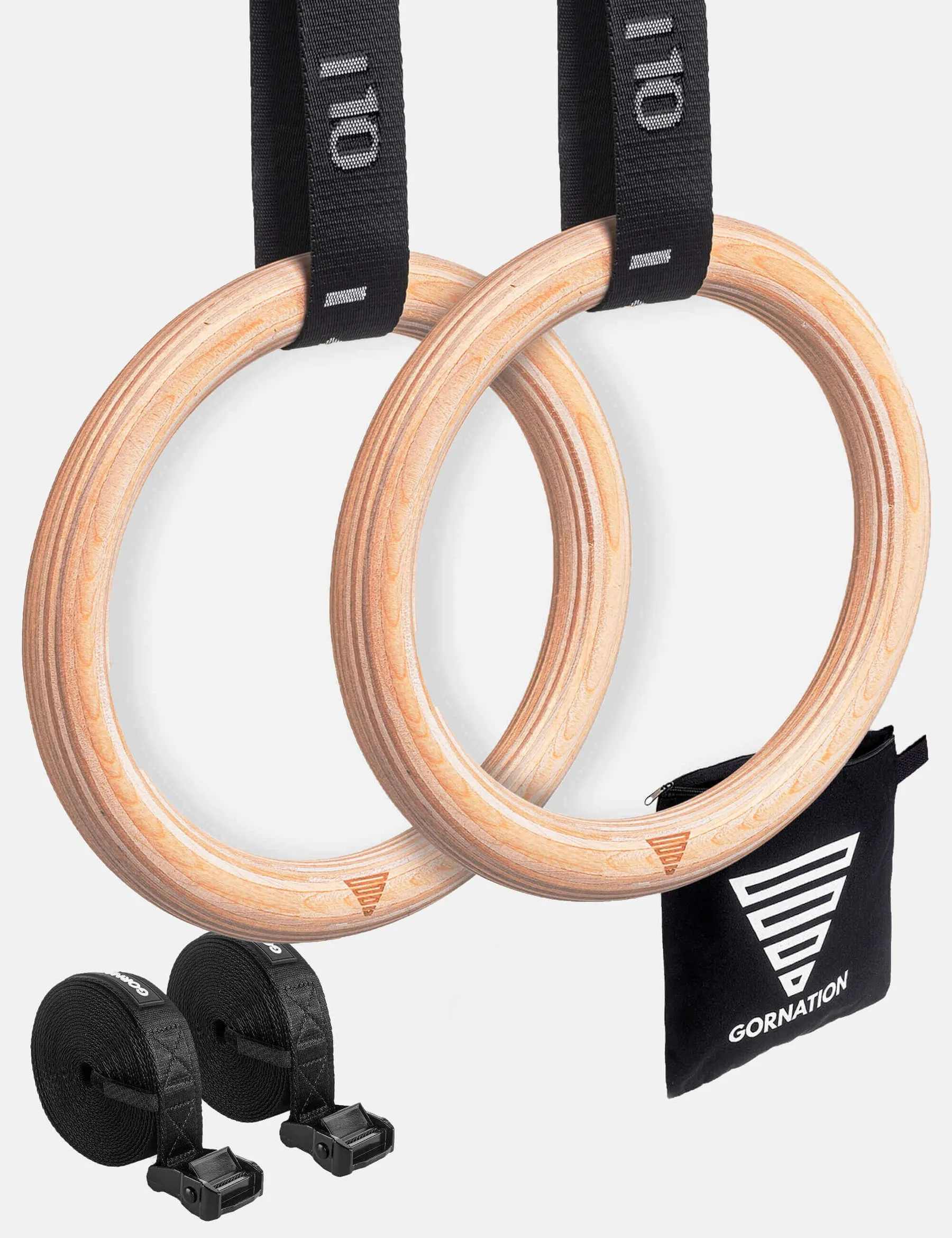 Gornation birch wood gymnastic rings with numbered black straps and carry bag