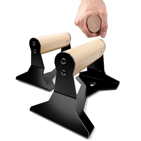Pullup & Dip push-up bars with ergonomic beech handle on a steel base