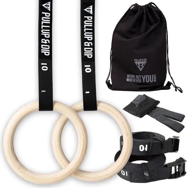 Pullup & Dip wooden gymnastic rings with black numbered straps and accessories kit